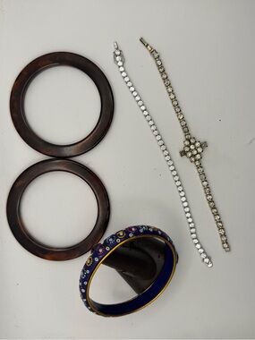 5 Pc Vintage Rhinestone Cross Tennis Chain Tortoise Bangle Bracelet Lot